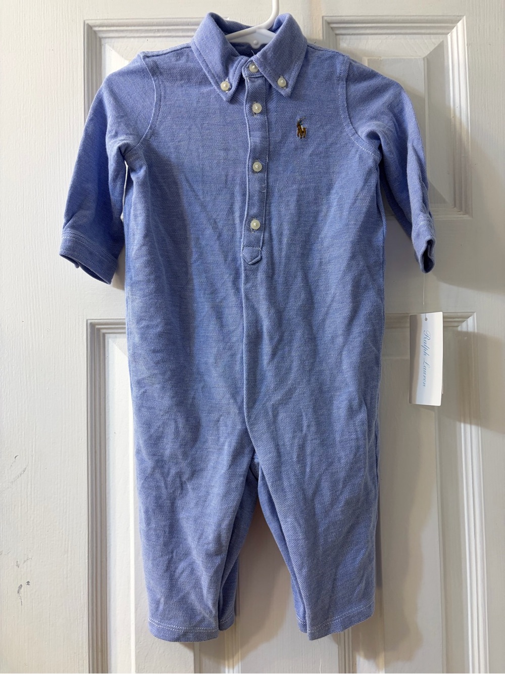 Ralph Lauren Pristine Light Blue Boys Knit Cotton Oxford Coverall Size 6 Months